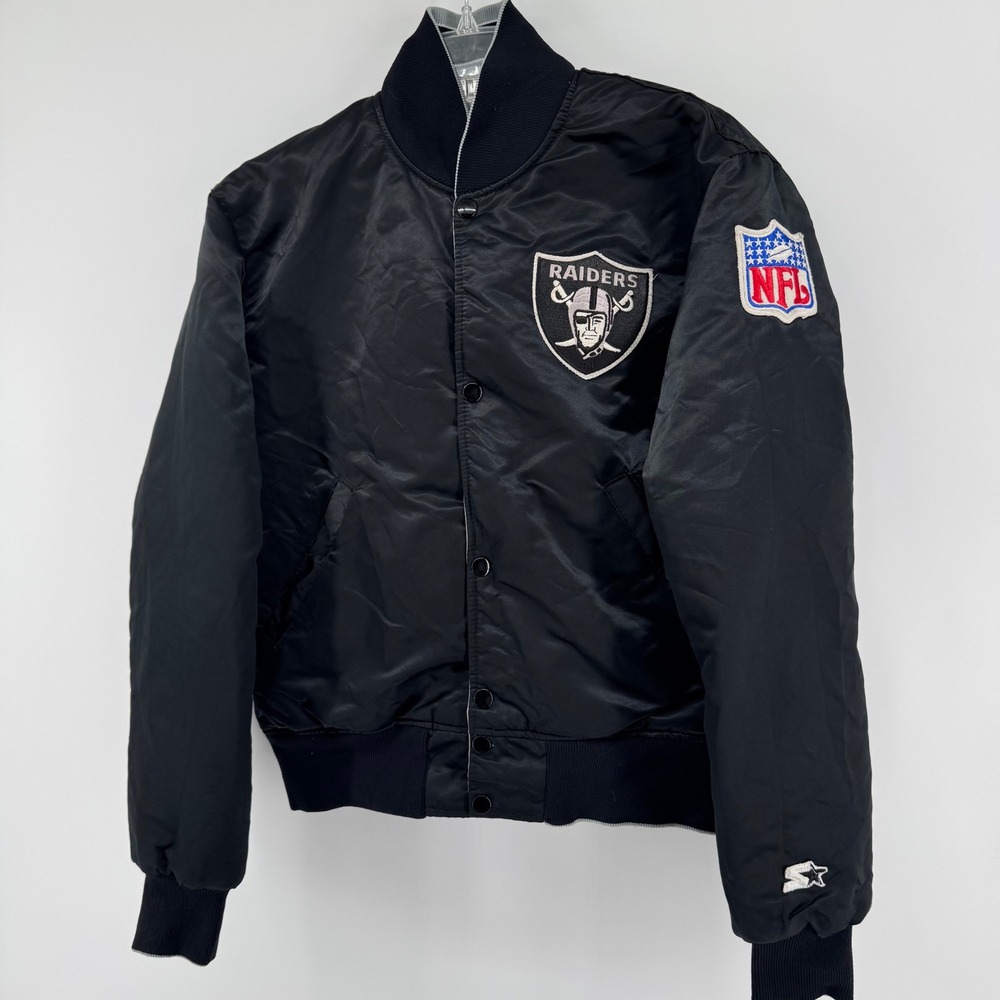 Vintage 80's Starter Raiders Satin Jacket Small Black Silver Bomber NFL Spellout